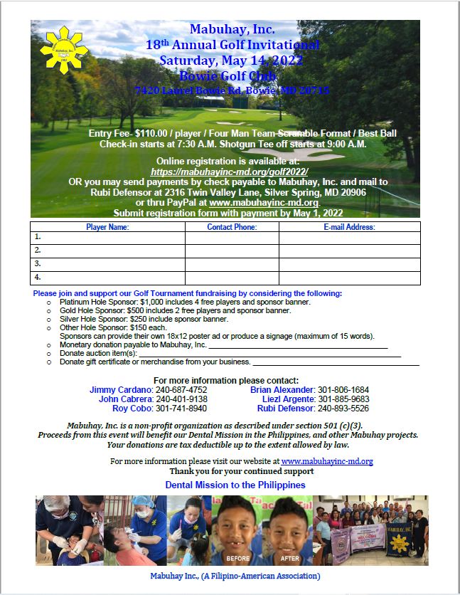 Please join us for Mabuhay Inc.'s 18th Annual Golf Invitational Saturday May 14, 2022.  
