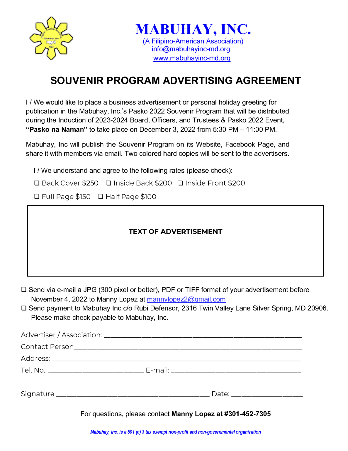 Souvenir Program Ads/Greetings Mabuhay Inc.